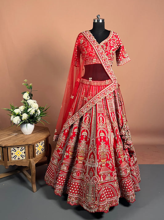 Royal Red Zardosi Bridal Lehenga with Temple Motif Embroidery