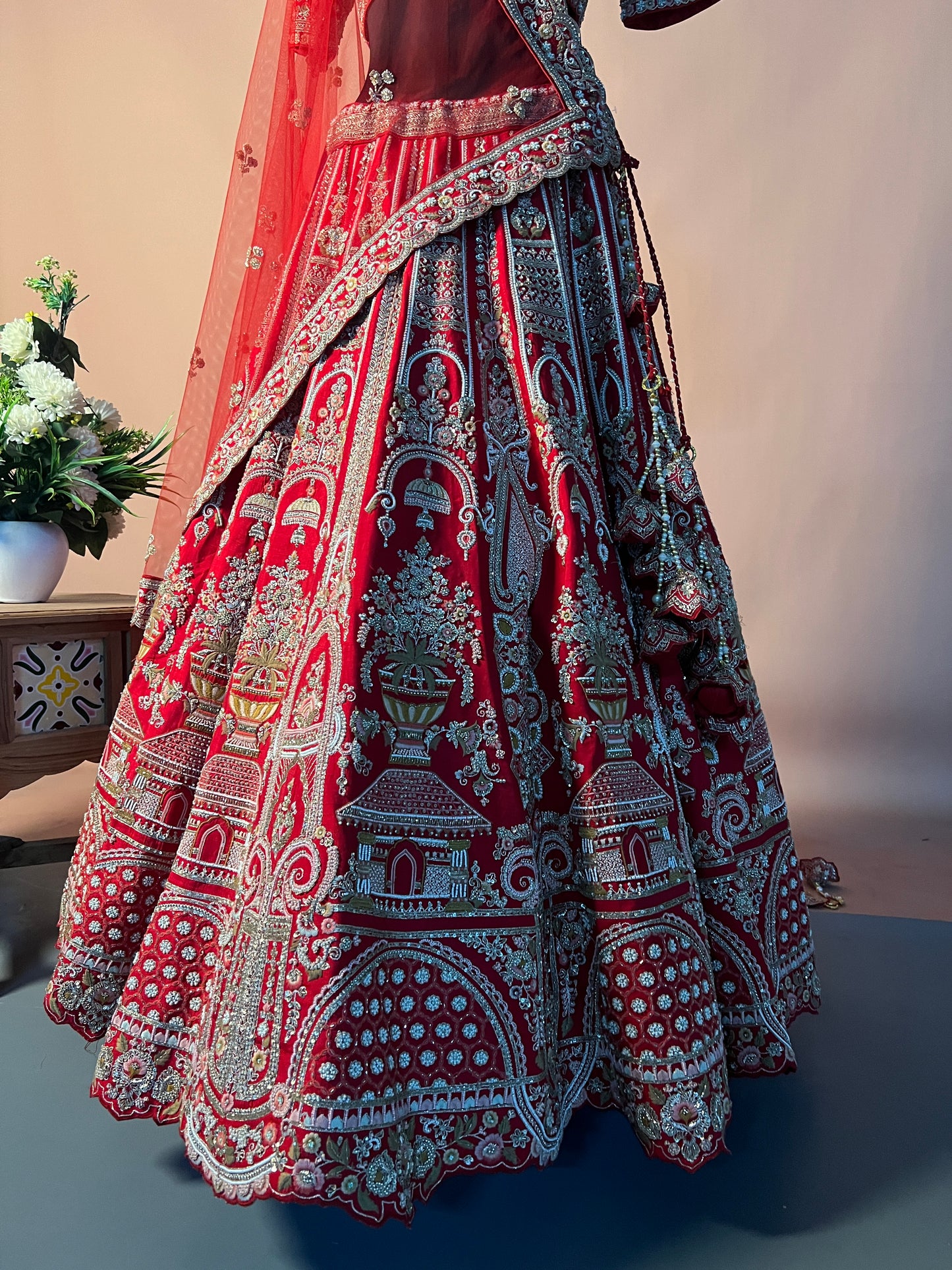 Royal Red Zardosi Bridal Lehenga with Temple Motif Embroidery