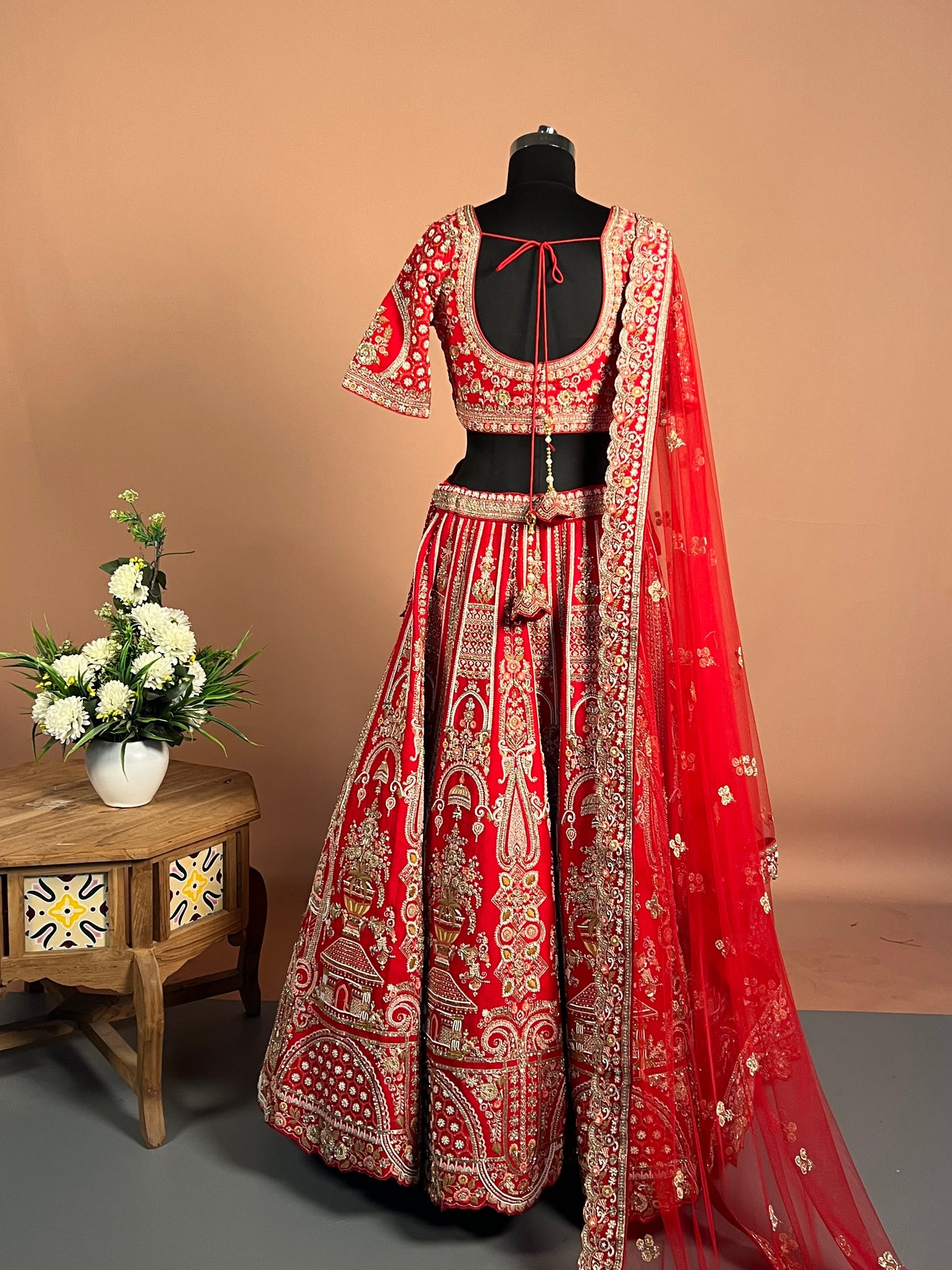 Royal Red Zardosi Bridal Lehenga with Temple Motif Embroidery