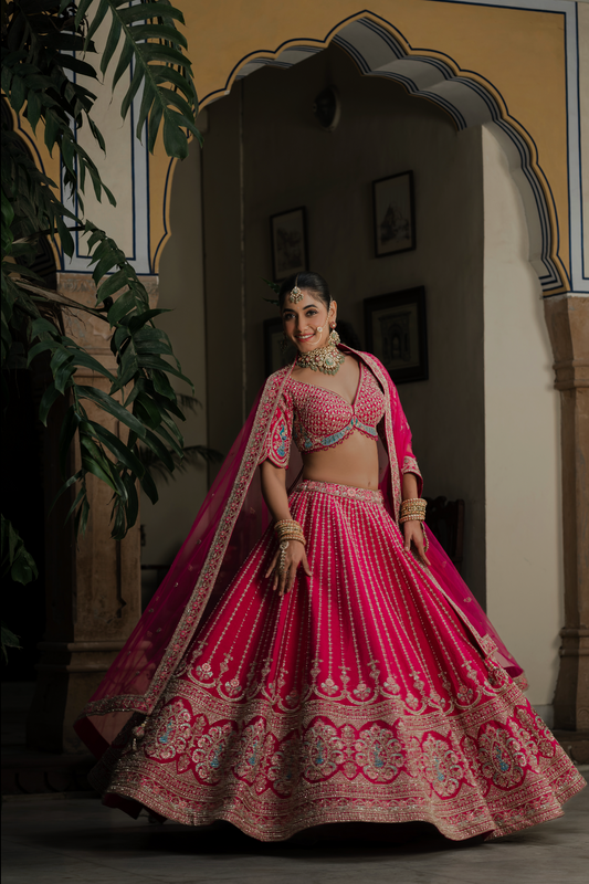 Ruby Red Silk Bridal Lehenga with Sequins & Zari Embroidery