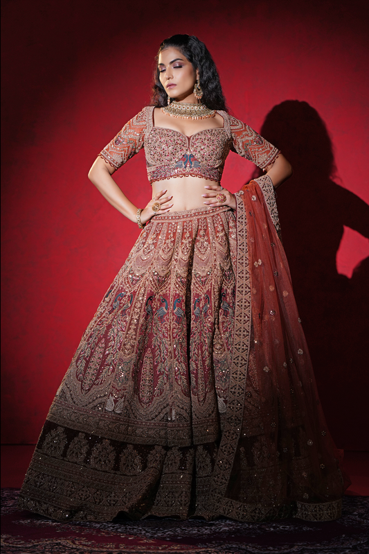 Rust Orange Net Bridal Lehenga with Dori & Sequins Embroidery