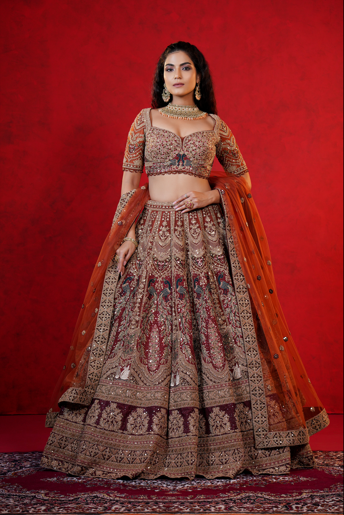 Rust Orange Net Bridal Lehenga with Dori & Sequins Embroidery