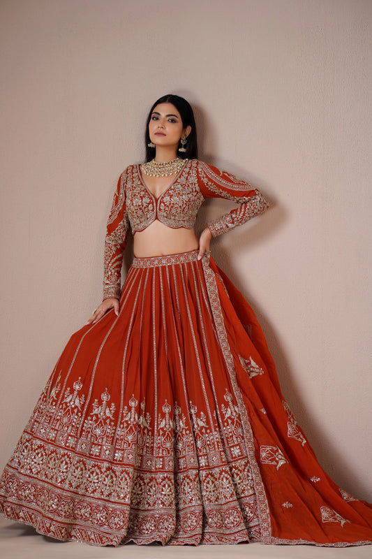 Rust Orange Organza Lehenga with Intricate Zardosi Embroidery