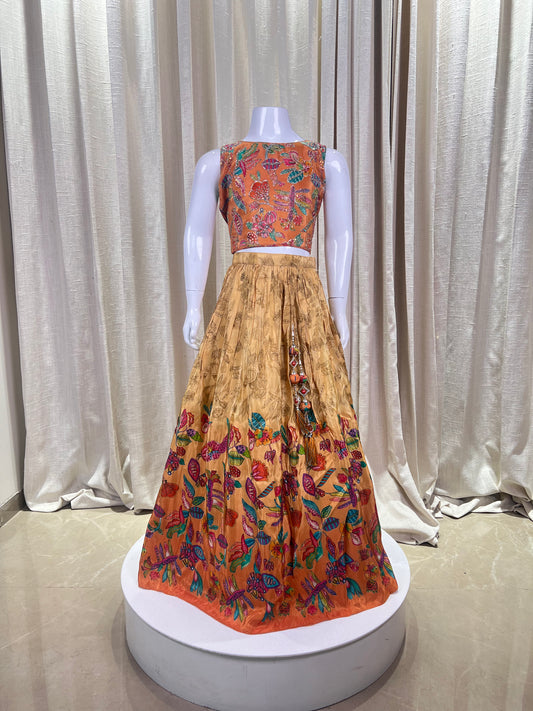 Rust Orange and Mustard Embroidered Butterfly Lehenga Set for Girls