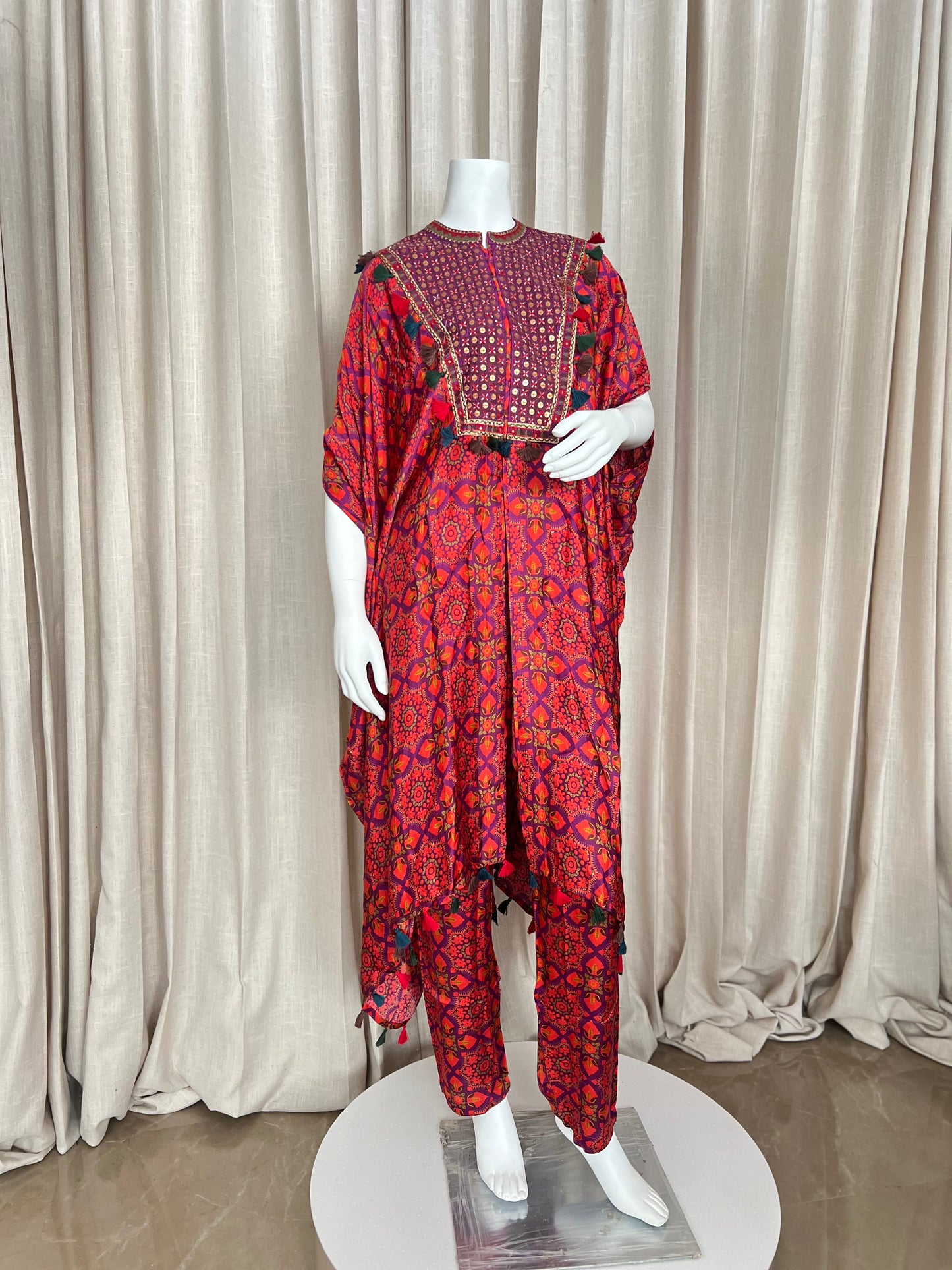 Rust Red & Magenta Printed Kaftan Kurta Set with Sequin Embellishment and Tassels