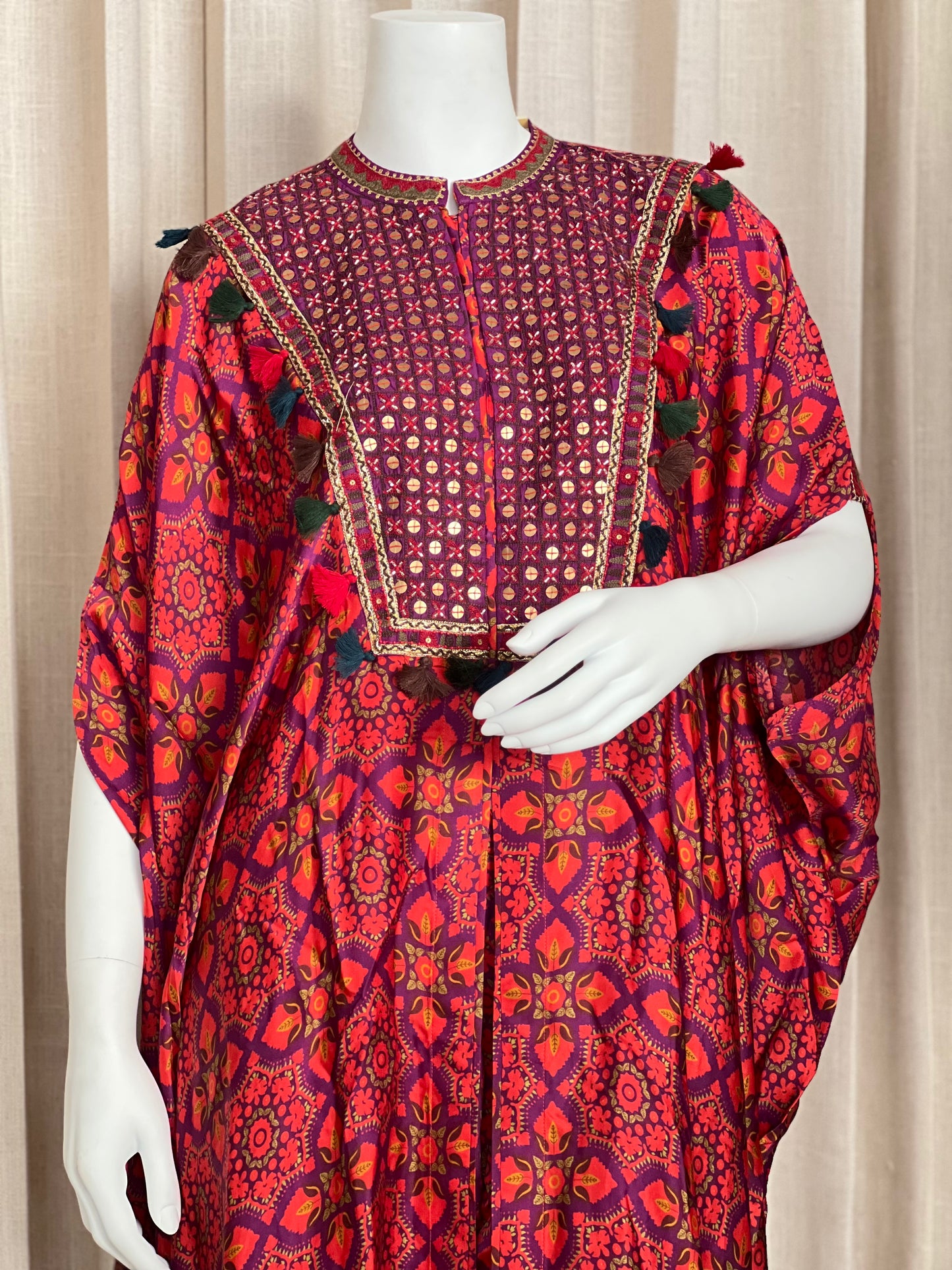 Rust Red & Magenta Printed Kaftan Kurta Set with Sequin Embellishment and Tassels