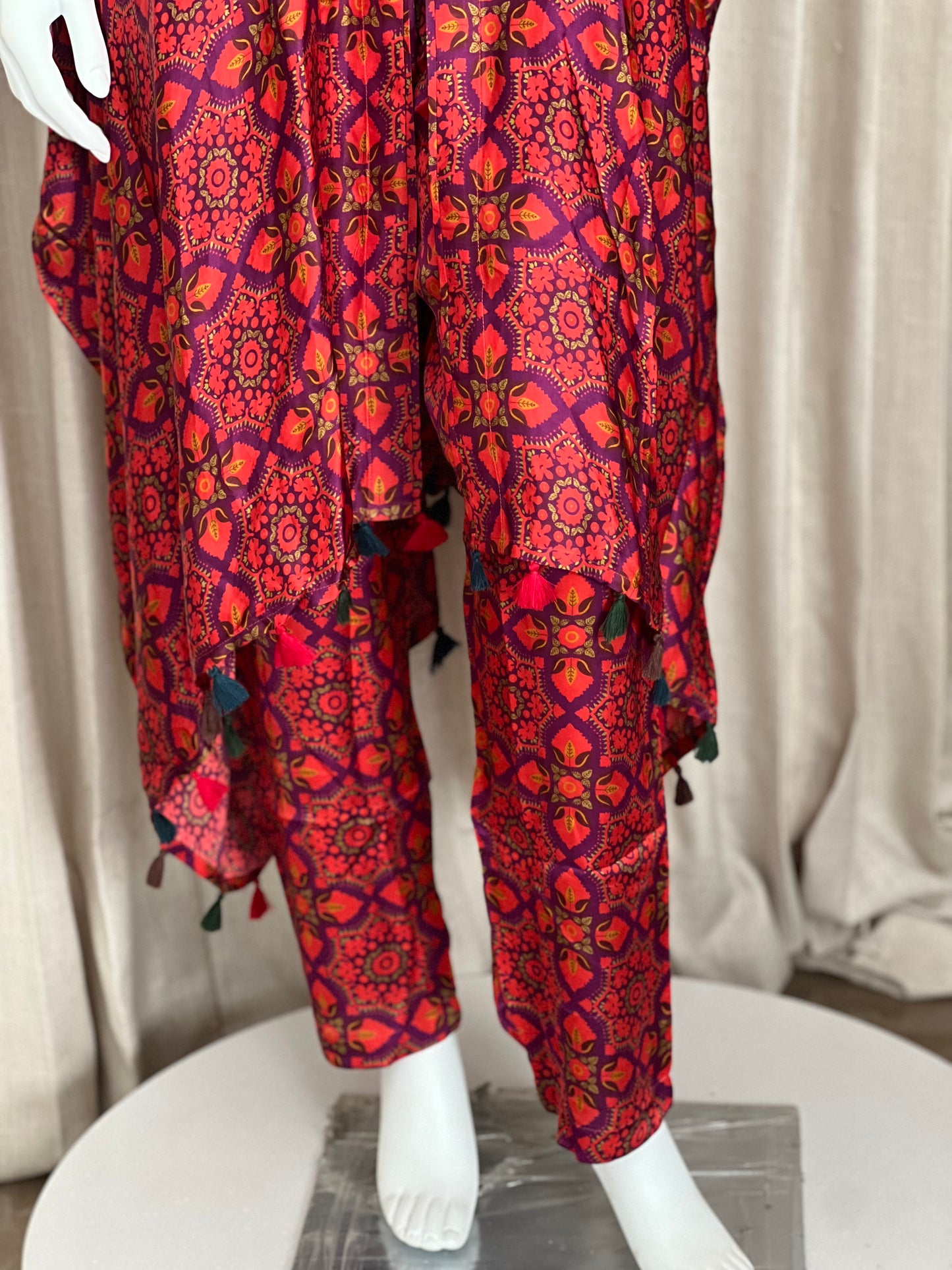 Rust Red & Magenta Printed Kaftan Kurta Set with Sequin Embellishment and Tassels