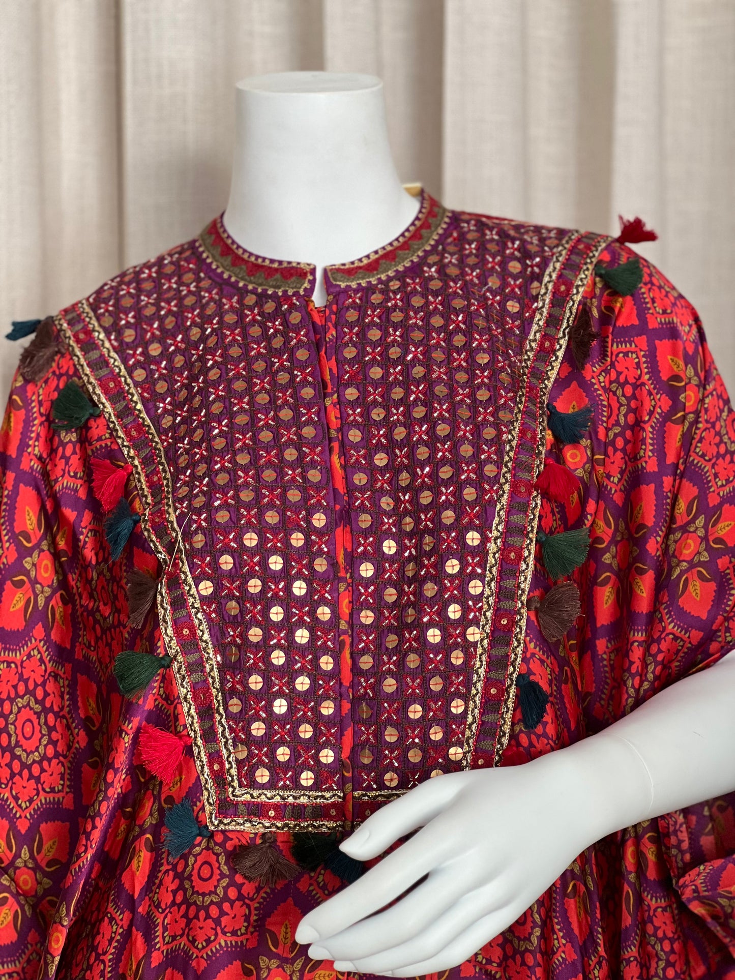 Rust Red & Magenta Printed Kaftan Kurta Set with Sequin Embellishment and Tassels