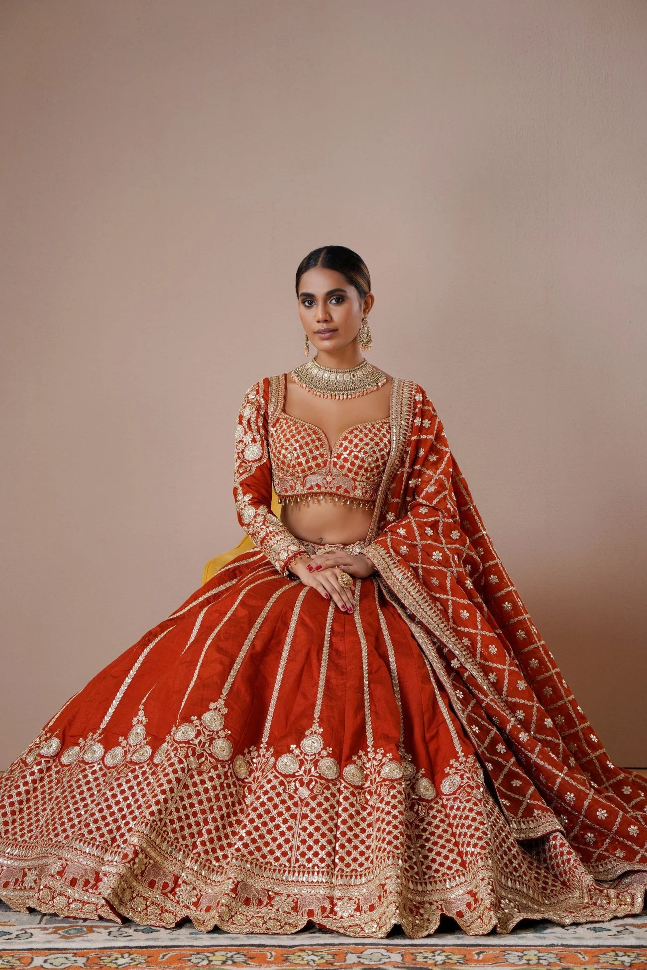 Rust Silk Lehenga with Mirror and Zardosi Embroidery