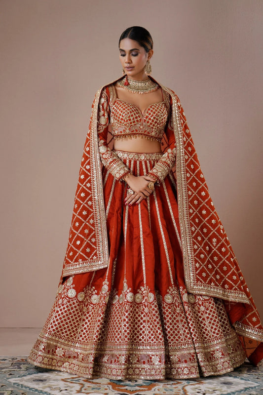 Rust Silk Lehenga with Mirror and Zardosi Embroidery