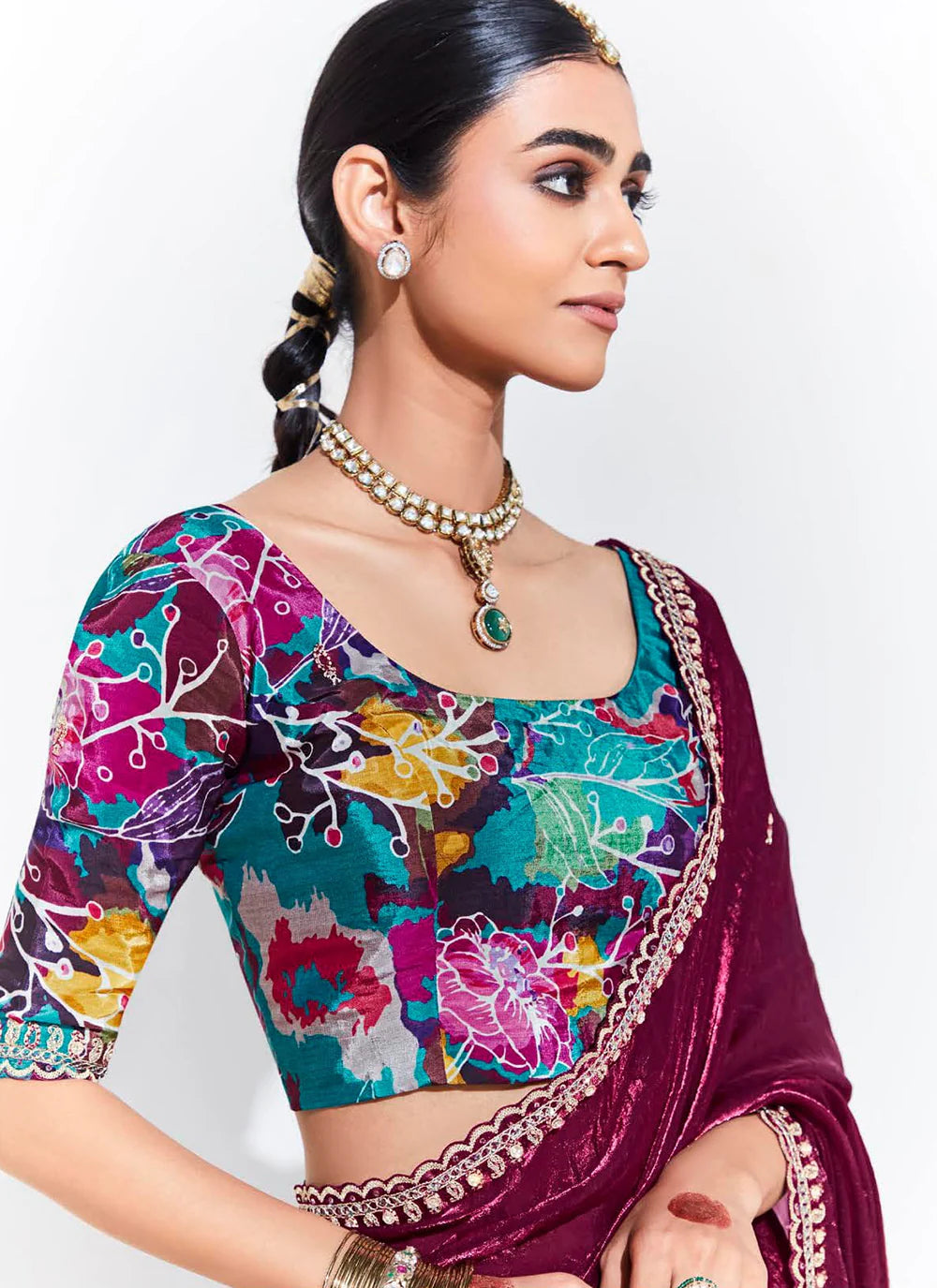 Burgundy Sequins-Embroidered Organza Saree