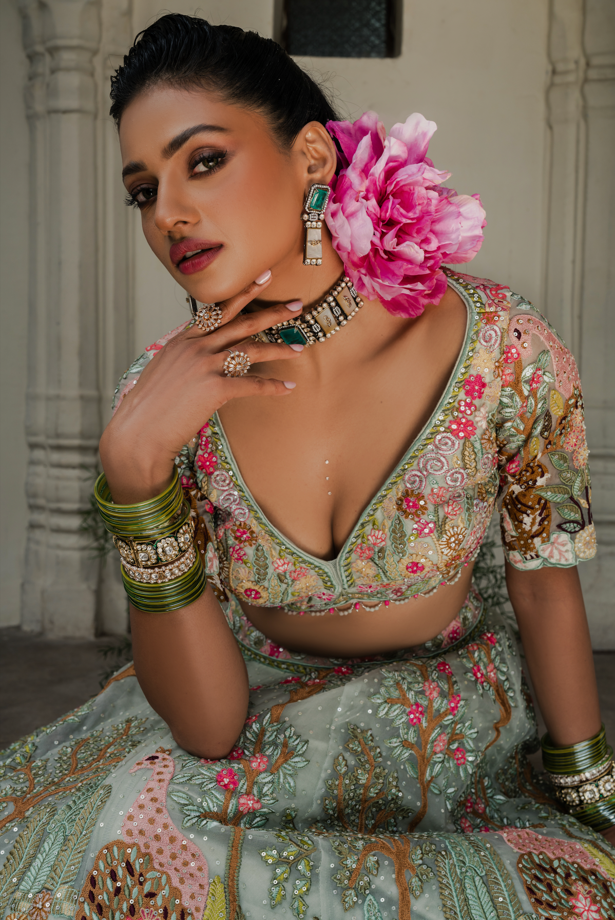 Saga Green Embroidered Organza Lehenga Set