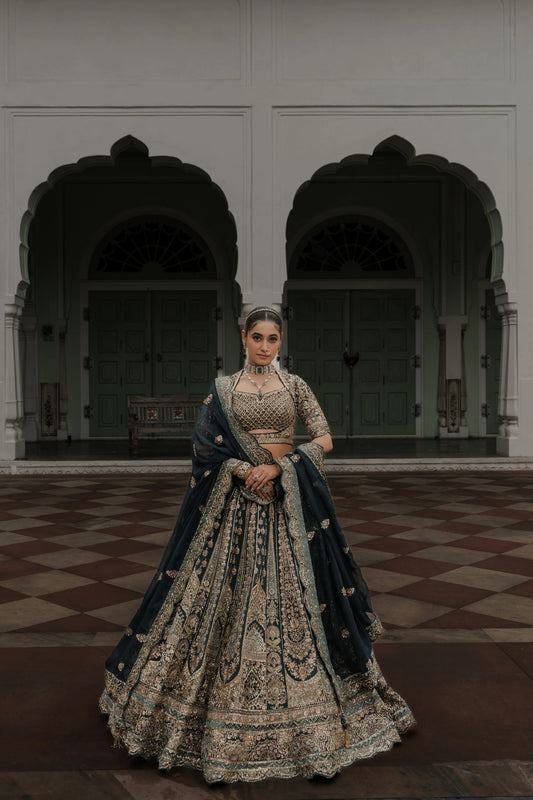 Saga Green Raw Silk Lehenga with Zardosi & Sequin Embroidery