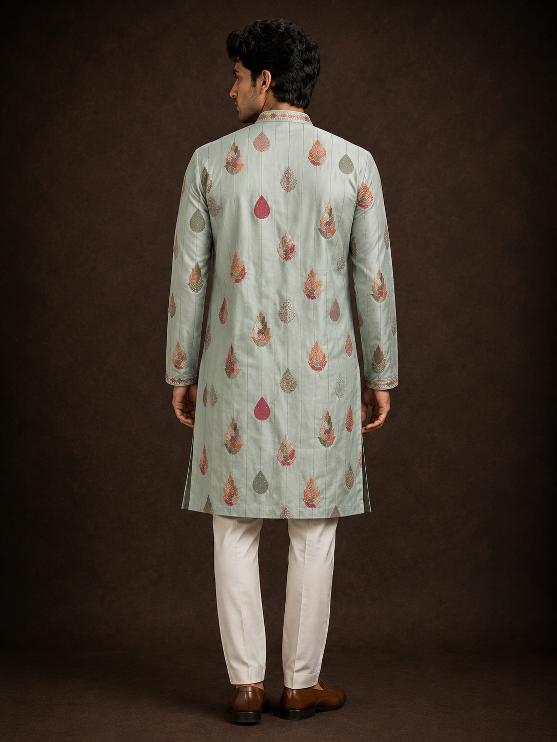Sage Green Floral Buti Printed Kurta with Multicolor Ethnic Motifs