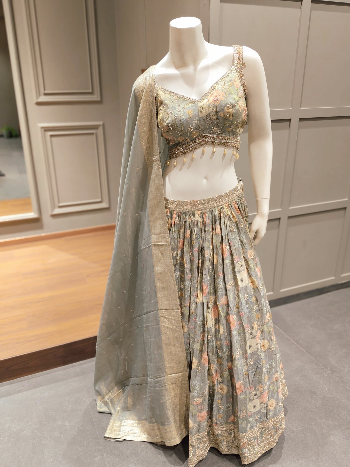 Sage Green Floral Embroidered Designer Lehenga Choli