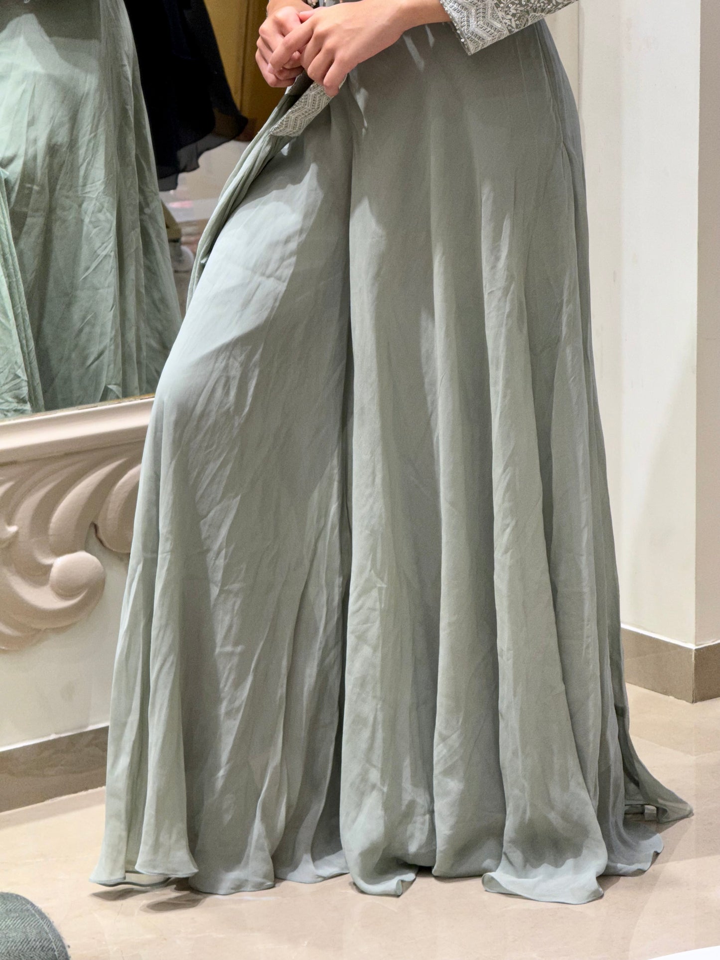 Sage Green Sequin Embellished Georgette Cape Gown Set