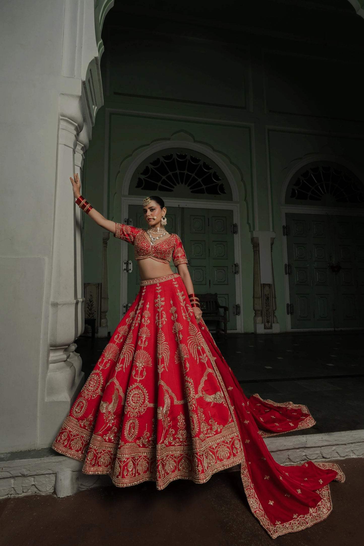 Scarlet Red Raw Silk Lehenga with Gold Zardosi Embroidery