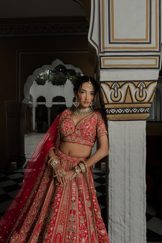 Scarlet Red Silk Bridal Lehenga with Zari & Sequins Embroidery