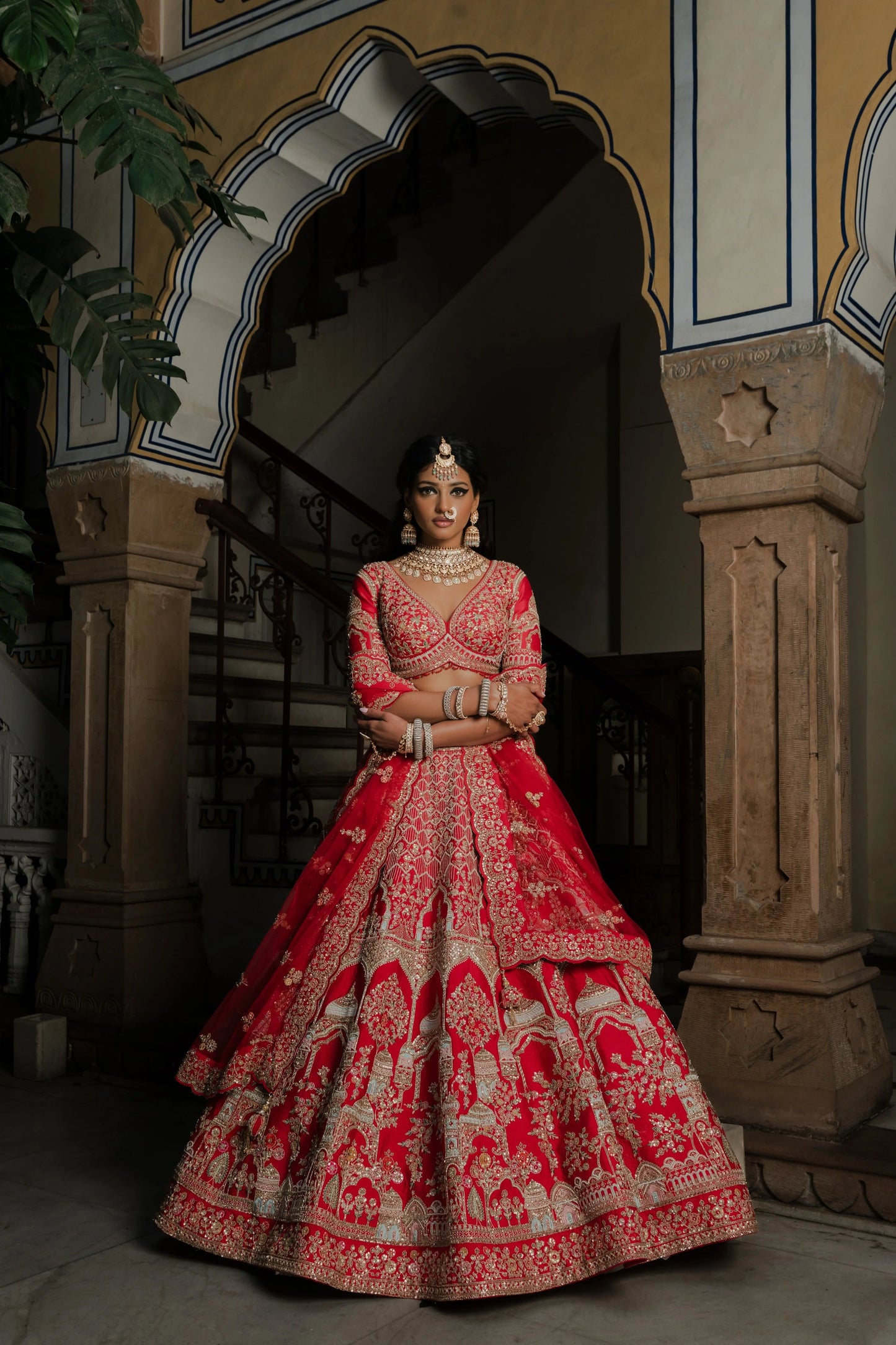Scarlet Red Silk Lehenga with Zardosi & Architectural Motif Embroidery