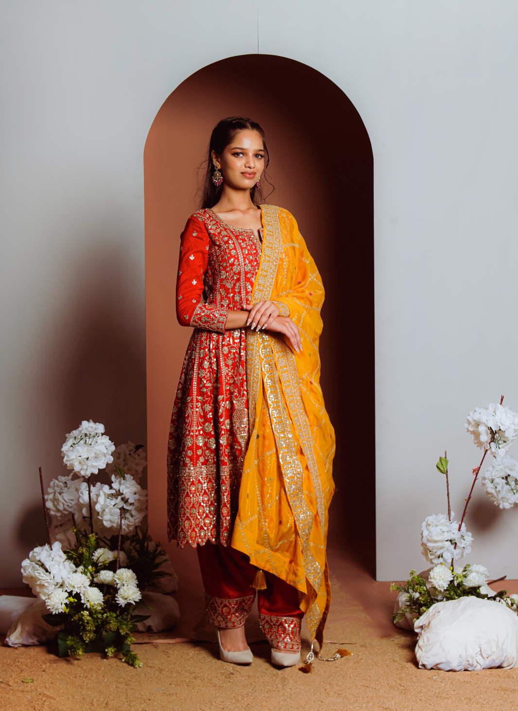 Red Heavy Worked Anarkali pant set