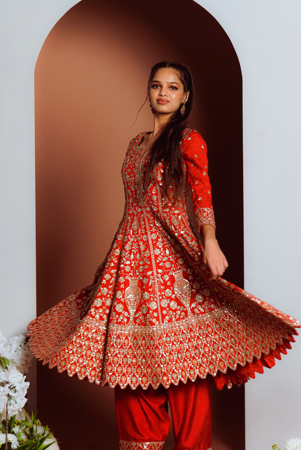 Red Heavy Worked Anarkali pant set
