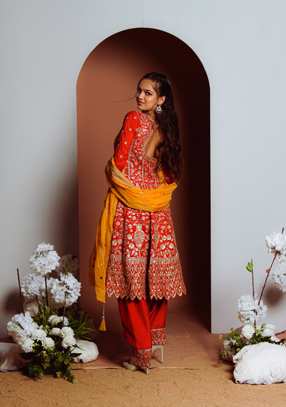 Red Heavy Worked Anarkali pant set