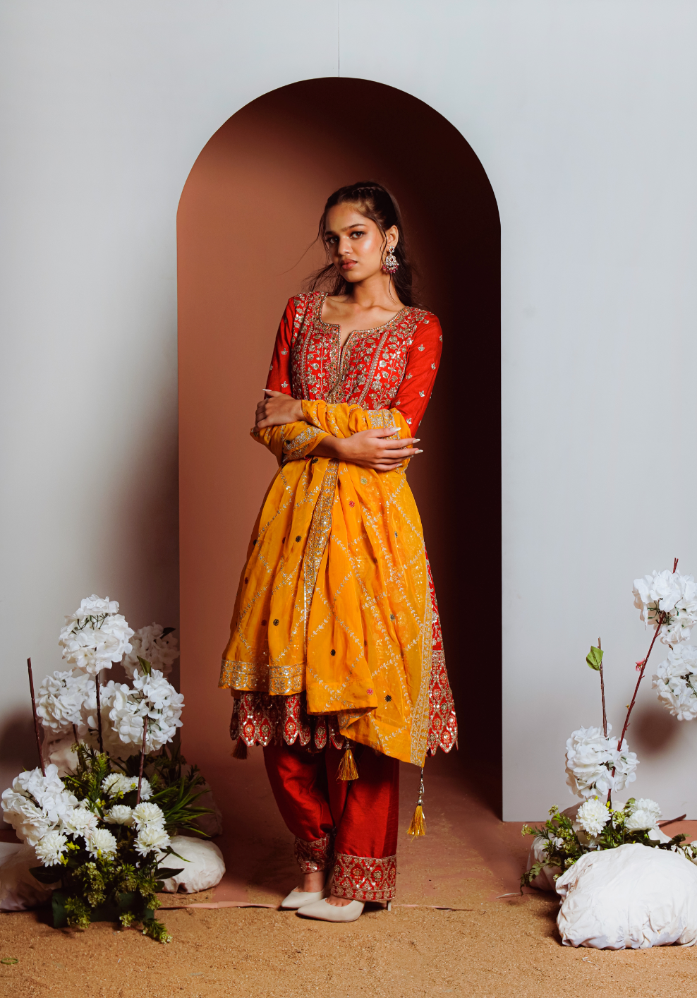 Red Heavy Worked Anarkali pant set