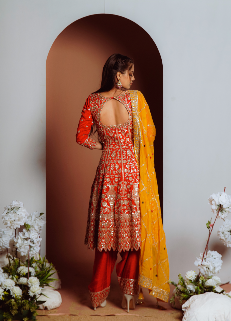 Red Heavy Worked Anarkali pant set