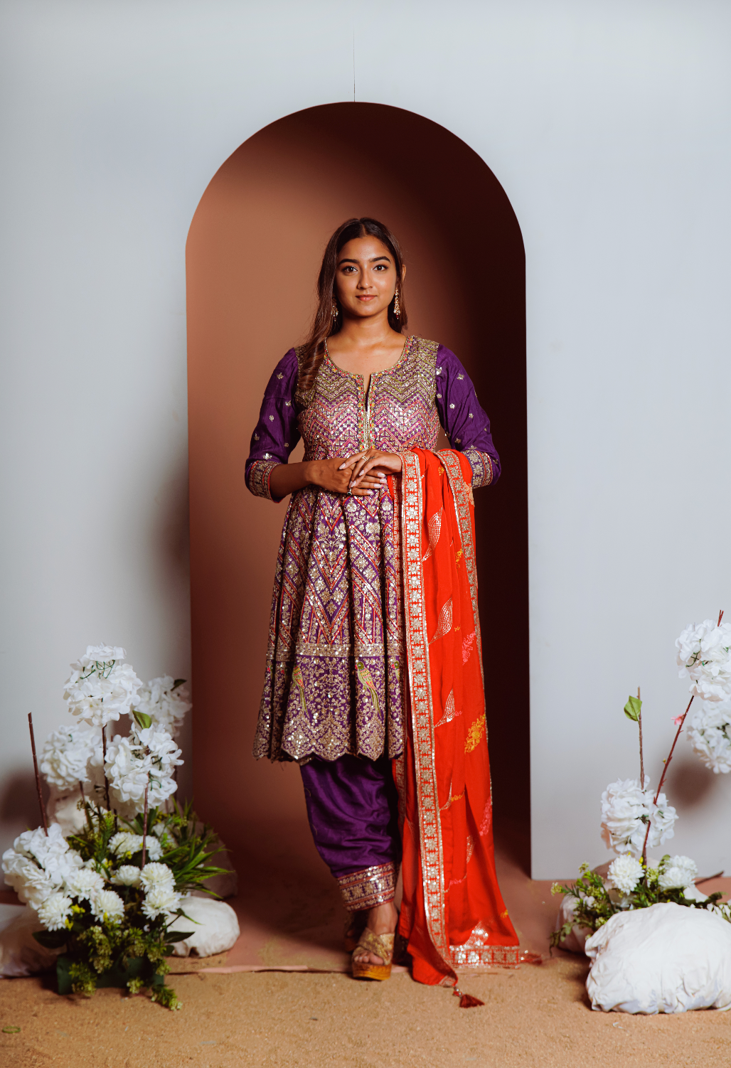 Purple Heavy worked anarkali pant set