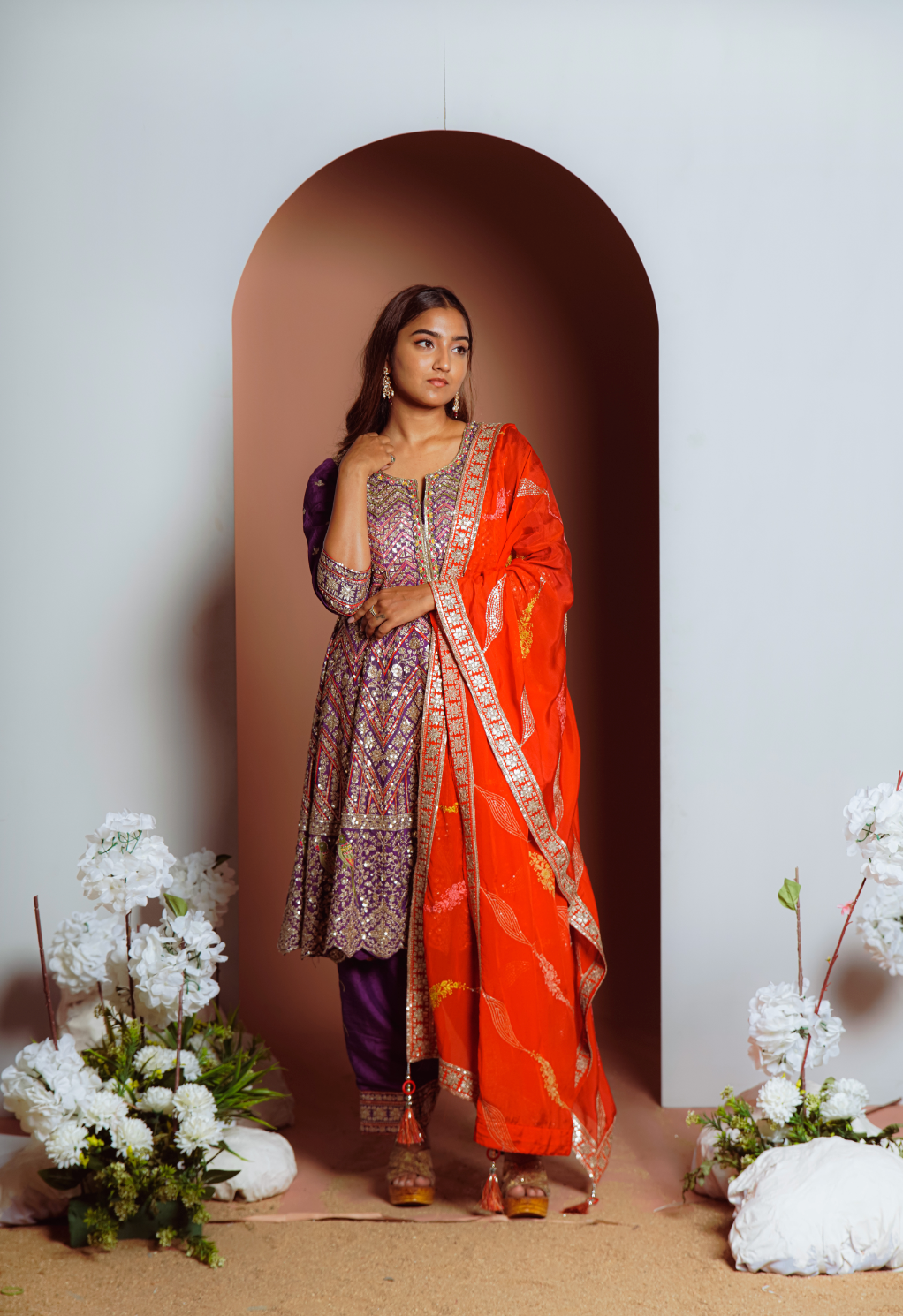 Purple Heavy worked anarkali pant set