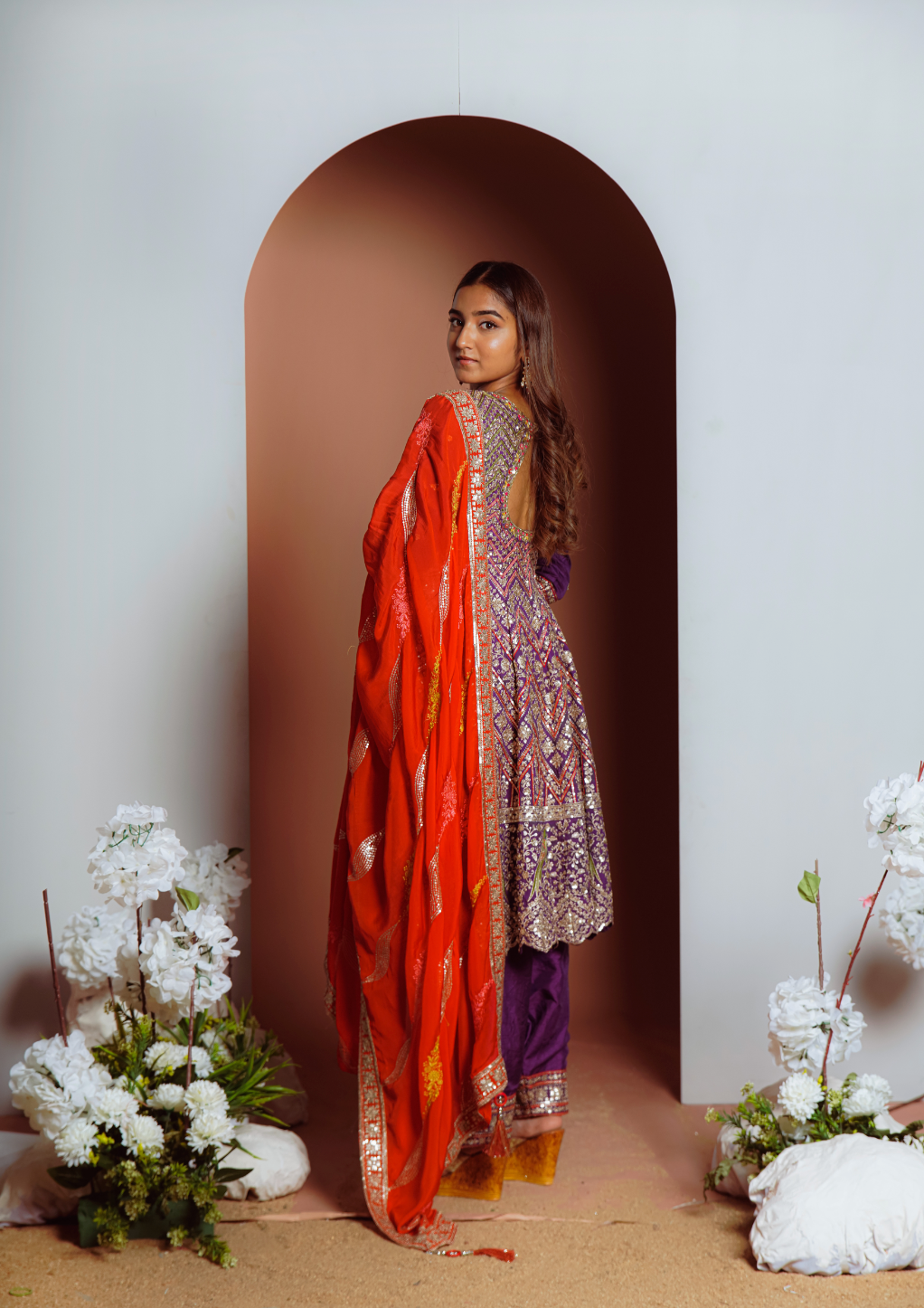 Purple Heavy worked anarkali pant set