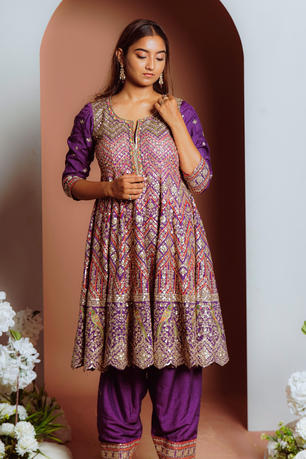 Purple Heavy worked anarkali pant set