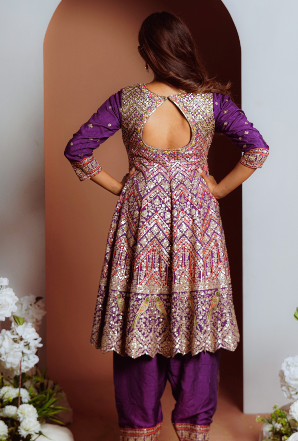 Purple Heavy worked anarkali pant set