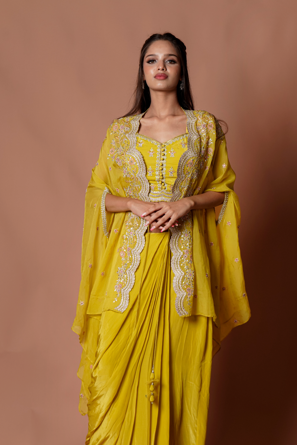 Mustard Embroidered Cape Set