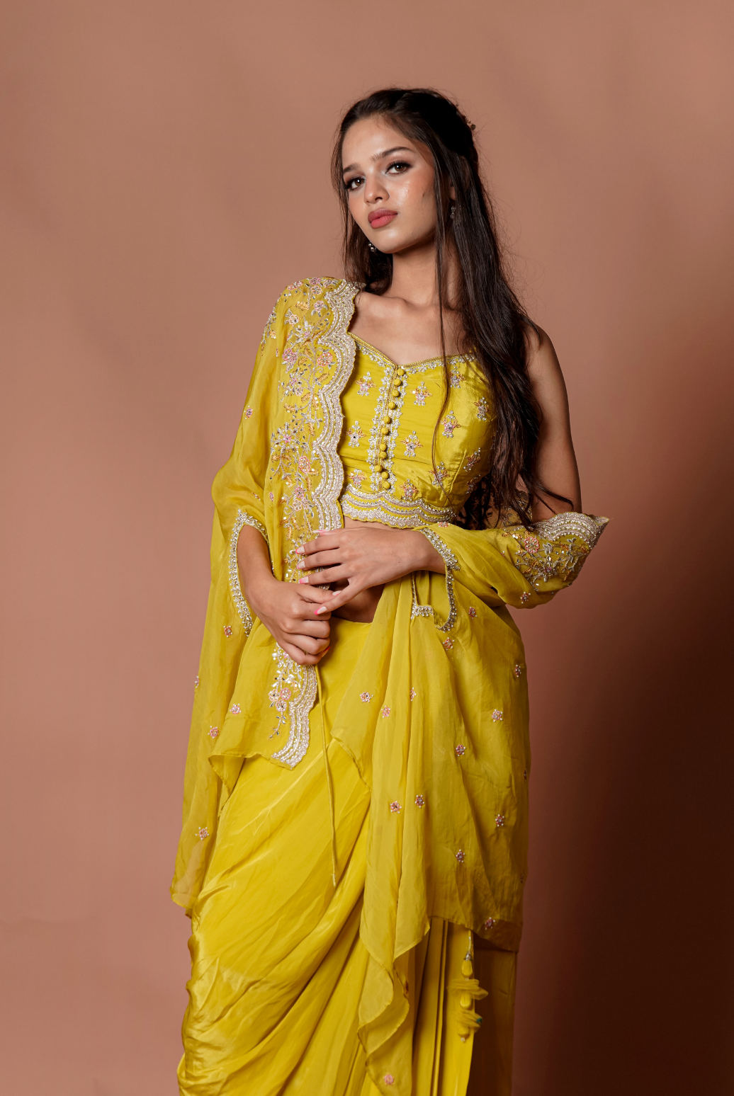 Mustard Embroidered Cape Set