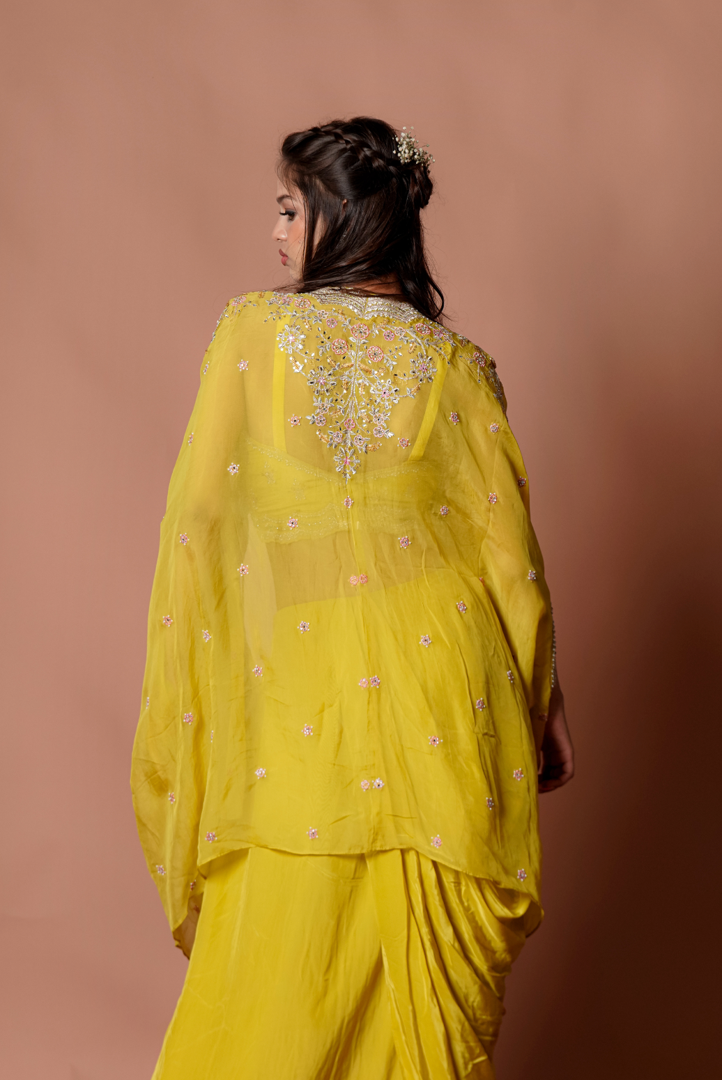 Mustard Embroidered Cape Set