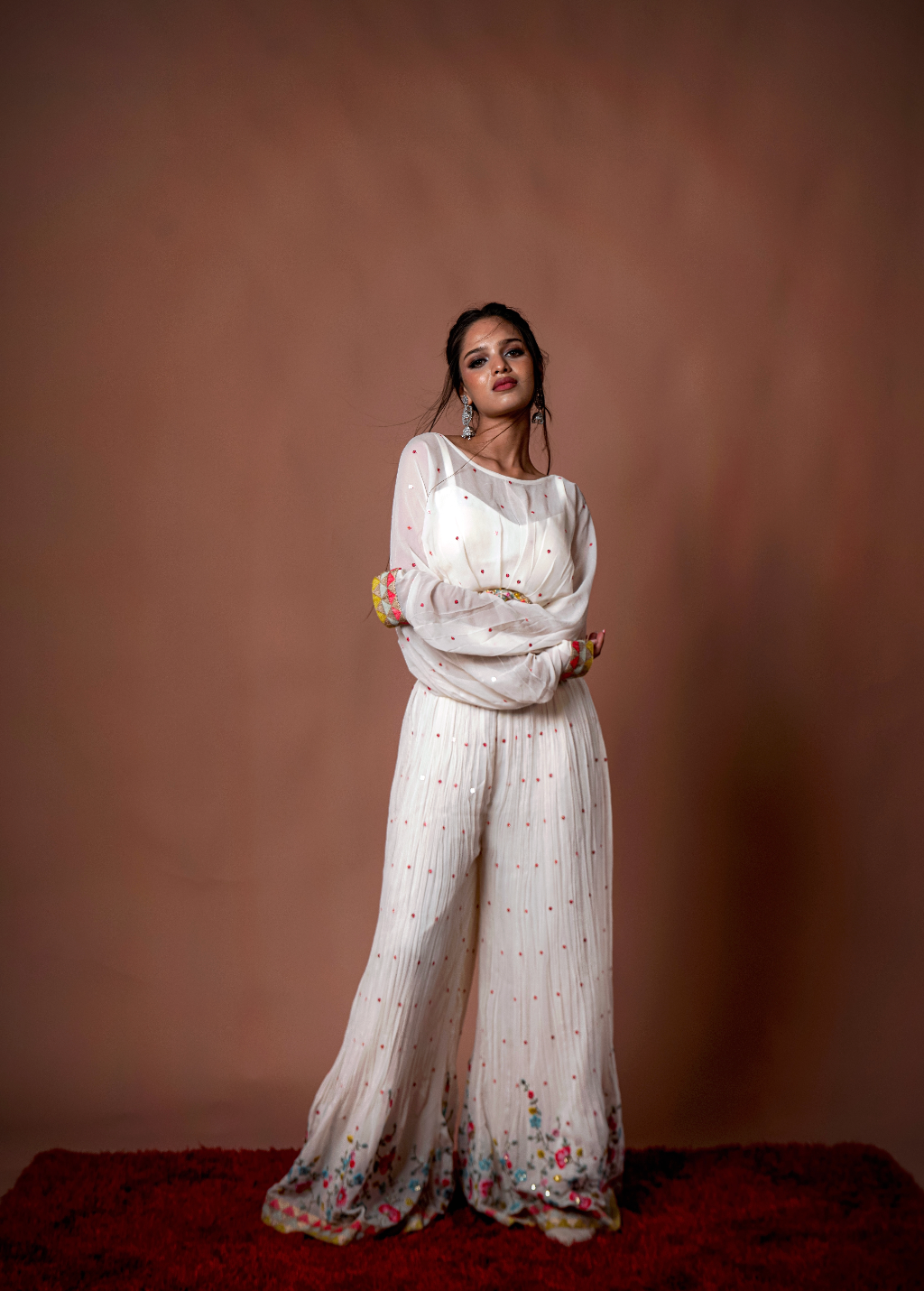 White Sequins Work Palazzo Set
