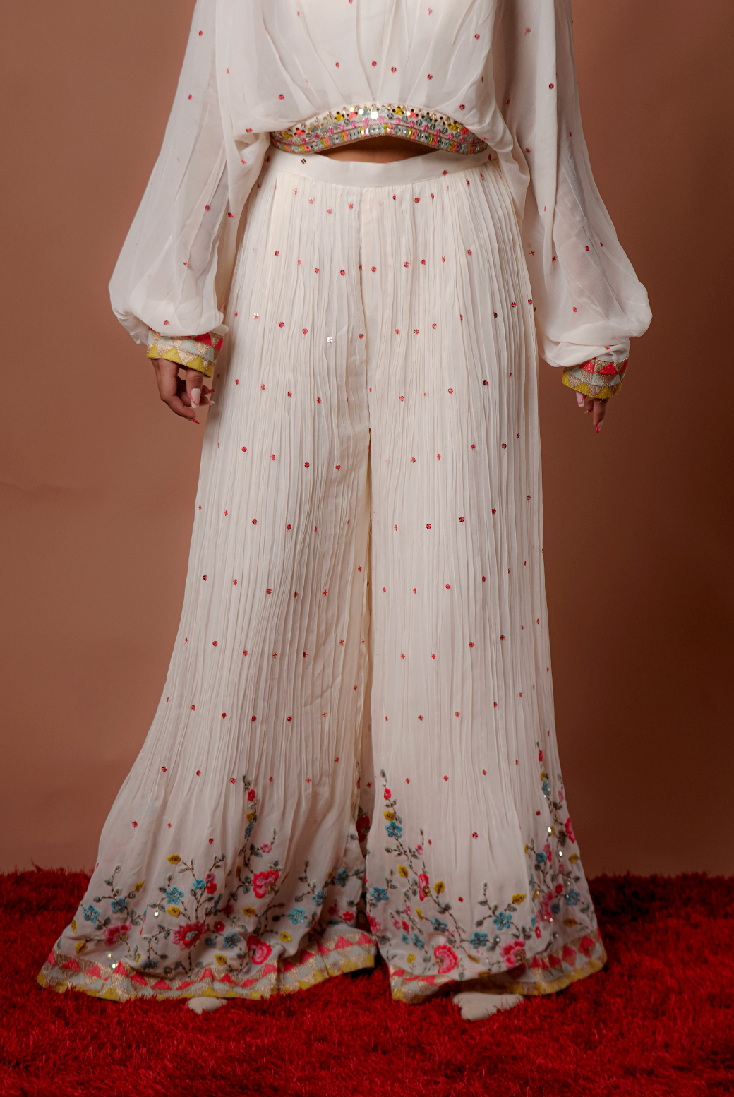 White Sequins Work Palazzo Set