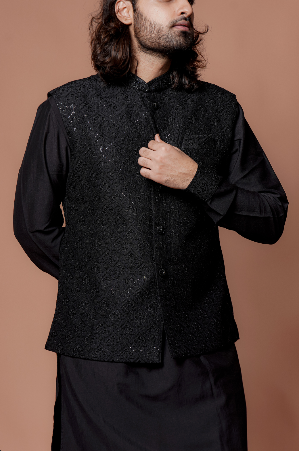 Black Sequins Work Jacket With Black Kurta Set