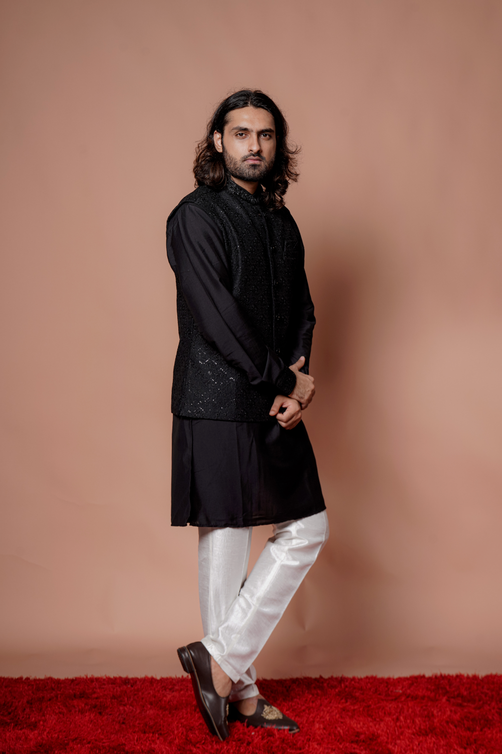 Black Sequins Work Jacket With Black Kurta Set