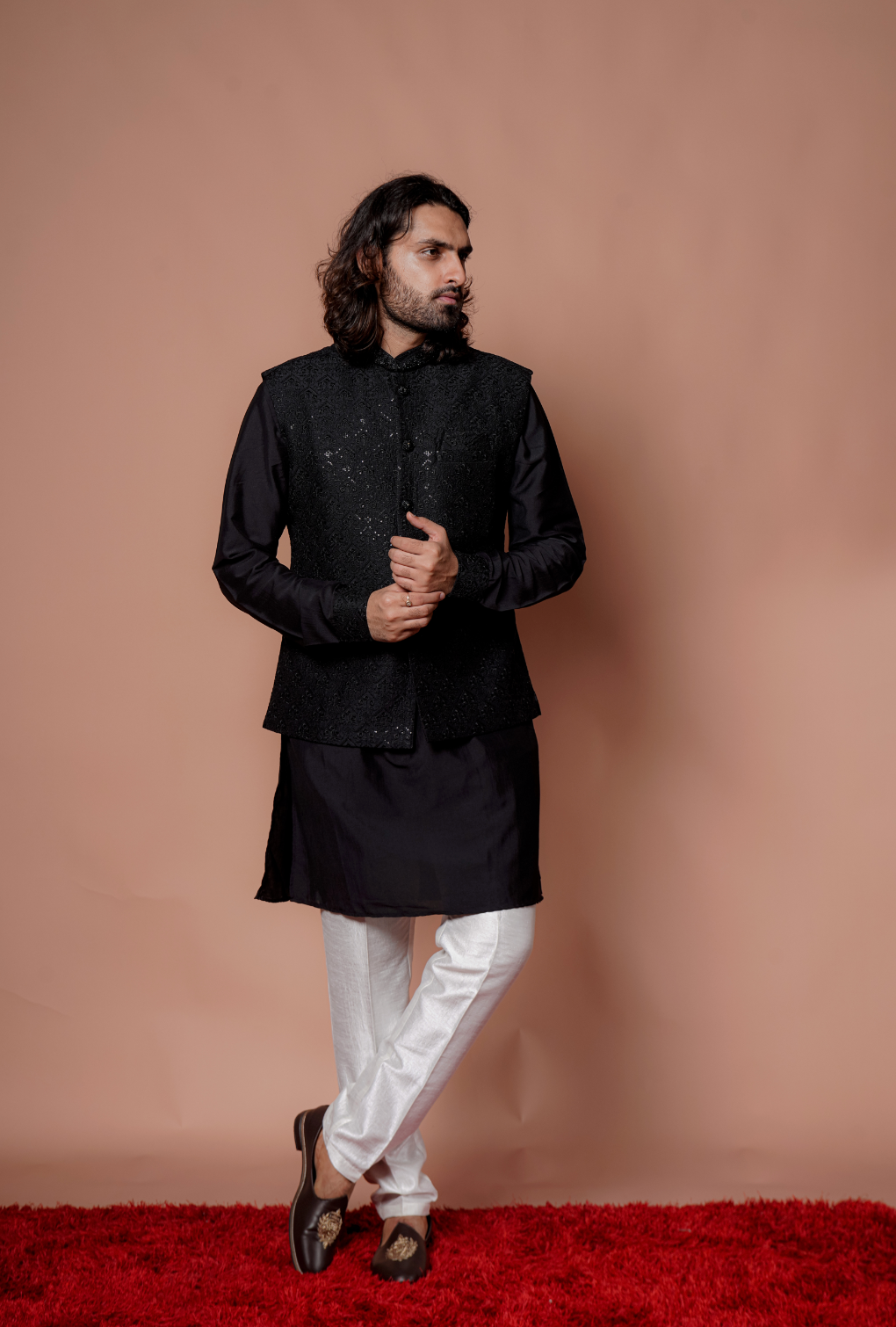 Black Sequins Work Jacket With Black Kurta Set