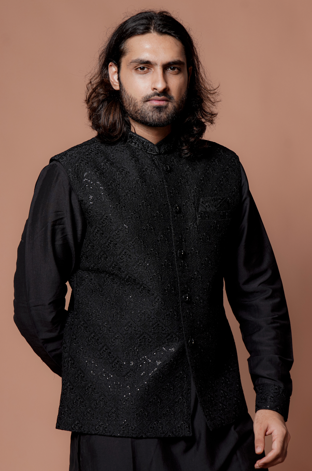 Black Sequins Work Jacket With Black Kurta Set