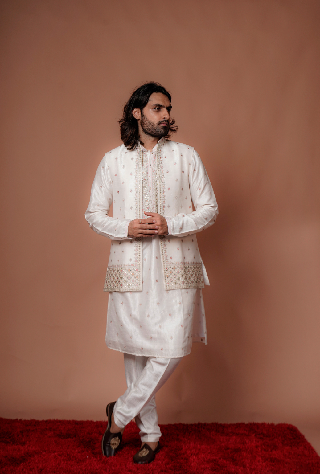 White Jacket Kurta Set With Sequin Embellishment