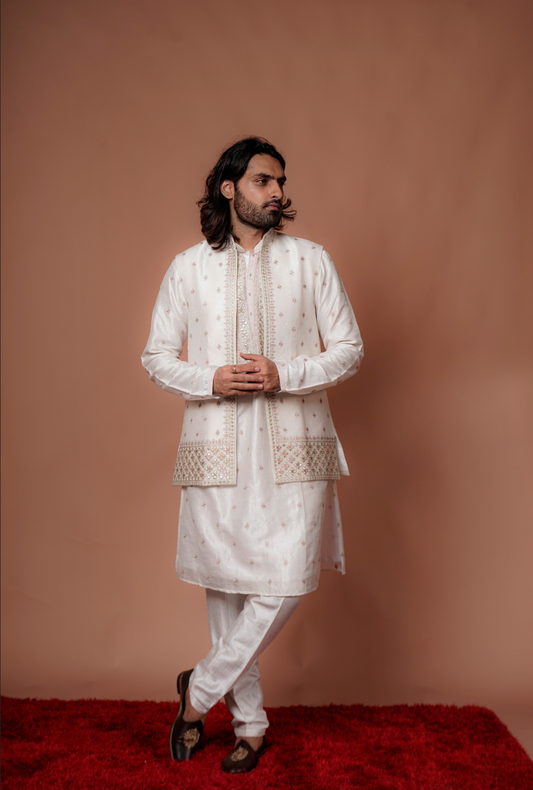 White Jacket Kurta Set With Sequin Embellishment