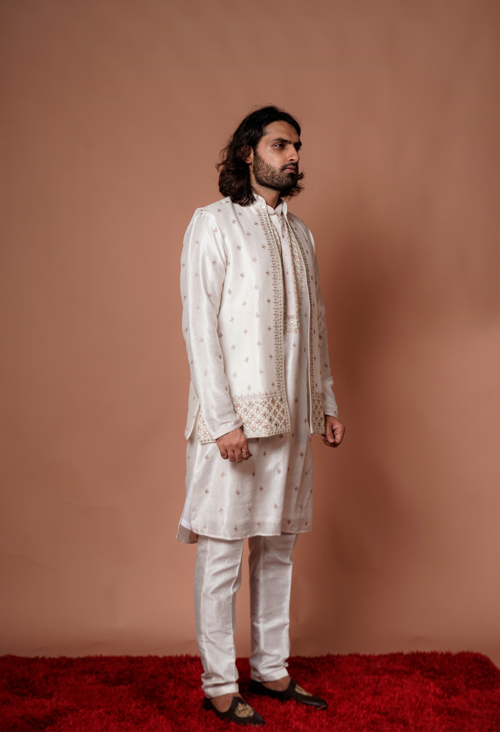 White Jacket Kurta Set With Sequin Embellishment