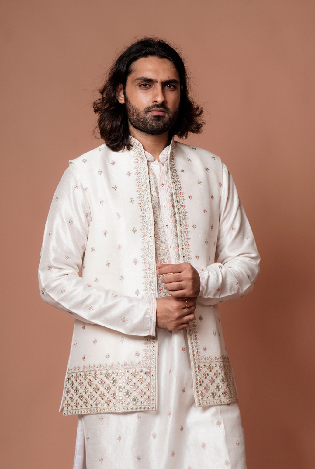 White Jacket Kurta Set With Sequin Embellishment