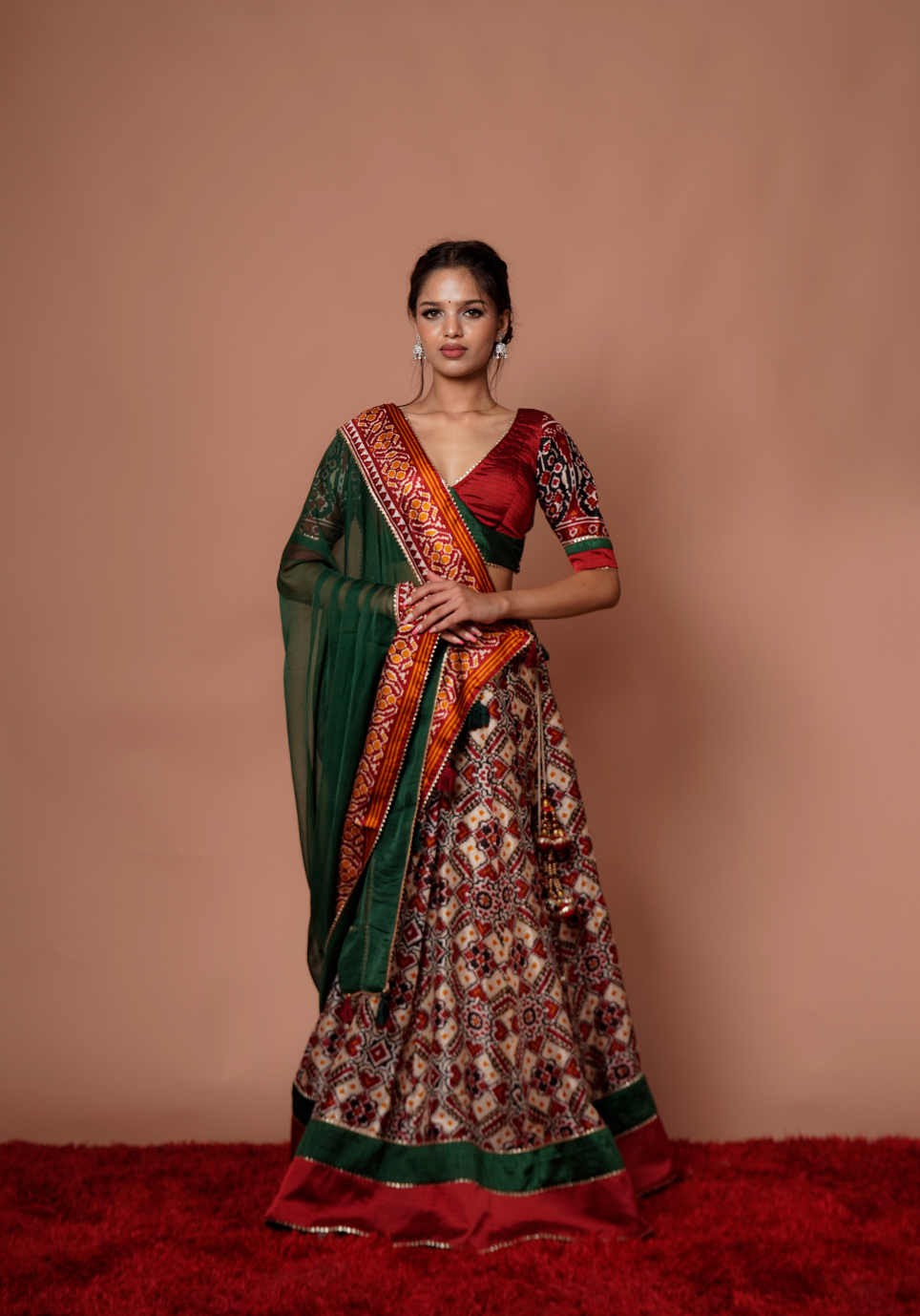 Red & Green Bandhani Printed Chanaya Choli