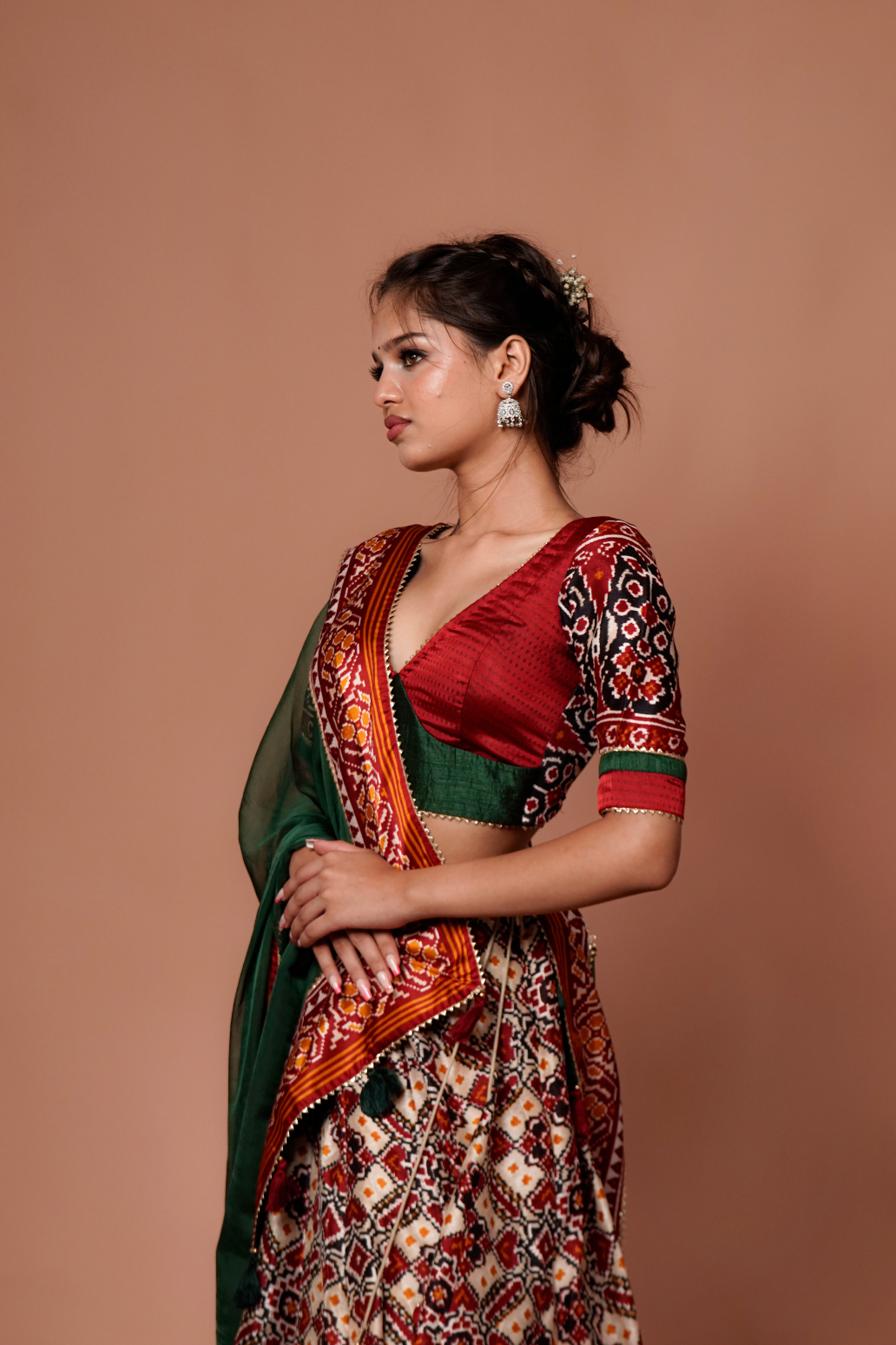 Red & Green Bandhani Printed Chanaya Choli