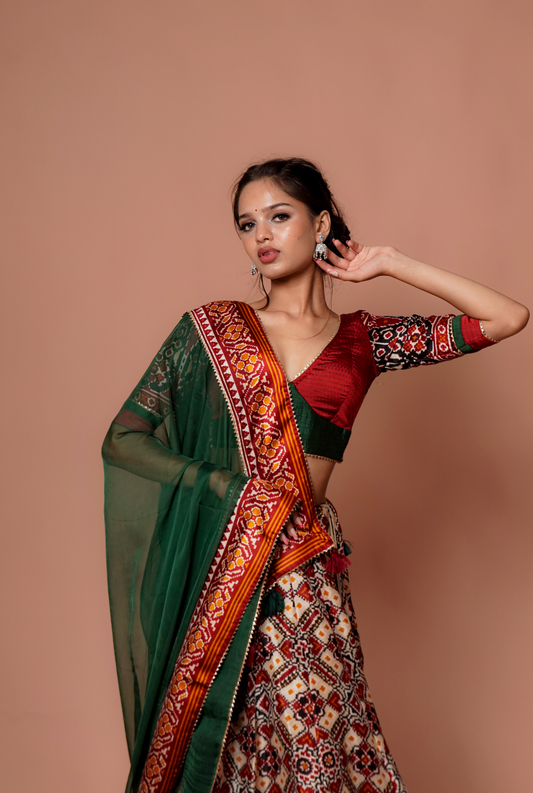 Red & Green Bandhani Printed Chanaya Choli