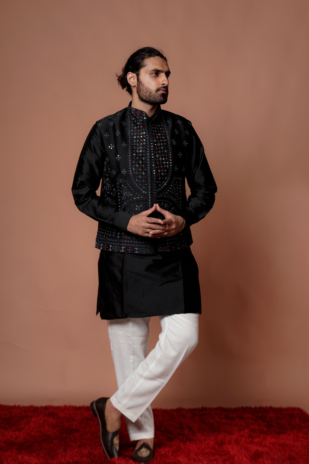 Black Mirror Work with Handcraft Kurta Jacket Set